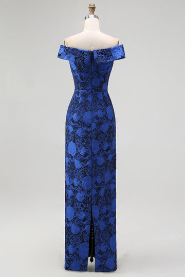 Off the Shoulder Dark Blue Sheath Floral Bridesmaid Dress with Slit